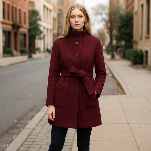 NWT DKNY Women's Stand-Collar Button-Front Belted Coat Maroon Wool Blend - Picture 1 of 12